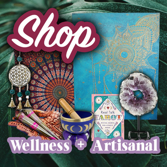 A collage of boho wellness and artisanal items 